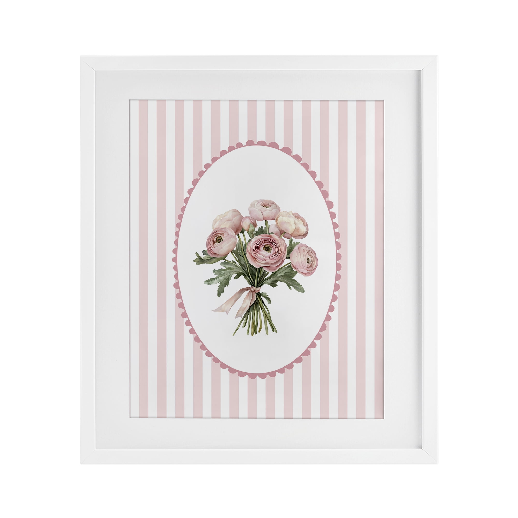Peony Bouquet on Gentle Stripes White Framed Print Under Glass, design by Christine Simpson Art