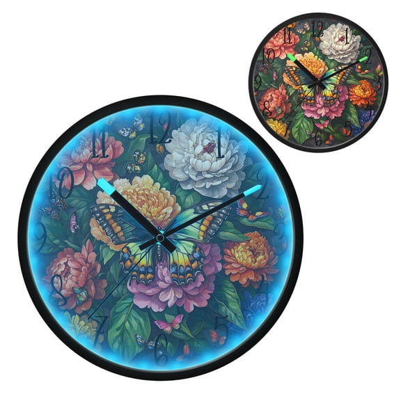Peony Butterfly Paintings Luminous Wall Clock with Sound-Activated LED 12-Inch Silent Acrylic Timepiece for Bedroom Livingroom or Office