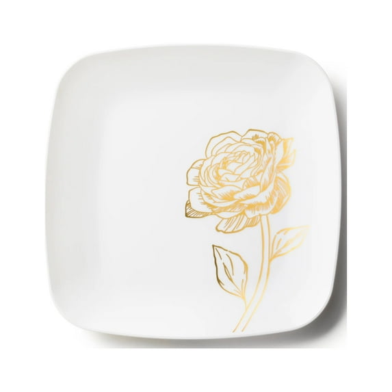 Peony Collection White & Gold 7.5" Square Salad Premium Heavyweight Disposable Plastic for Elegant Parties, Weddings & All Occasions:40CT
