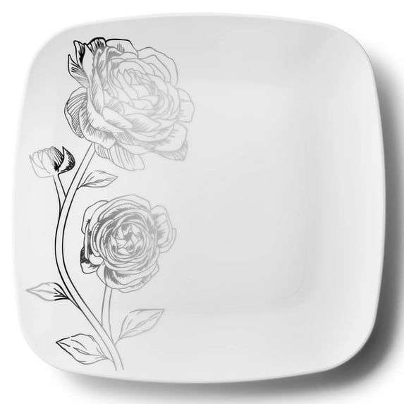 Peony Collection White & Silver 10" Square Dinner Premium Heavyweight Disposable Plastic for Elegant Parties, Weddings & All Occasions:120CT