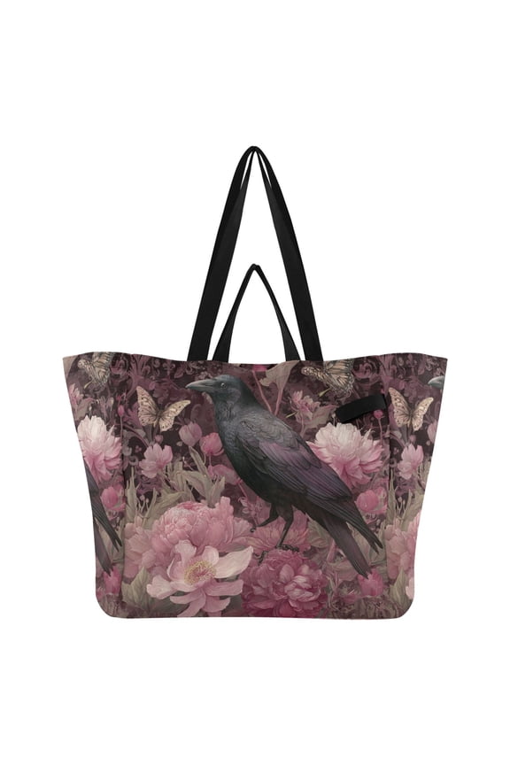 Peony Crow Canvas Tote Bag Large Capacity Reusable Tote with Double Handles, Foldable Heavy Duty Shopping Beach Laundry Bag, 32L