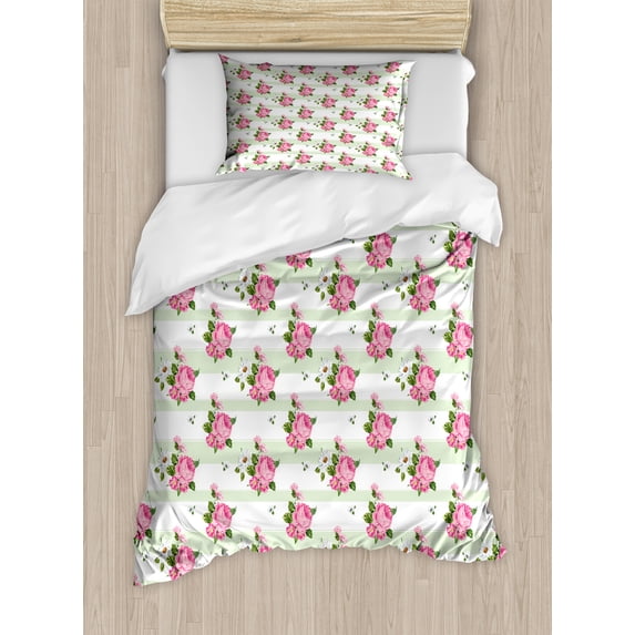 Peony Duvet Cover Set, Daisies and Flowers Bouquet on Striped Background, Decorative 2 Piece Bedding Set with 1 Pillow Shams, Twin Size, Pale Green Pink, by Ambesonne