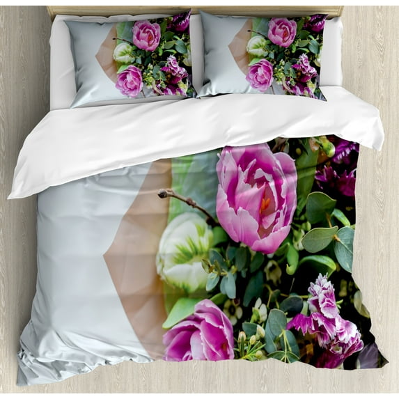 Peony Duvet Cover Set, Romantic Photo of Colorful Blossom Mix Floral Bouquet, Decorative 3 Piece Bedding Set with 2 Pillow Shams, Queen Size, Lilac Multicolor, by Ambesonne