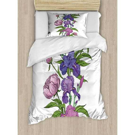 Peony Duvet Cover Set Twin Size, Naive Hand Drawn Flowers Purple Tones Iris Flower, Decorative 2 Piece Bedding Set with 1 Pillow Sham, Lilac Pale Fuchsia Lime Green and Dark Indigo, by Ambesonne