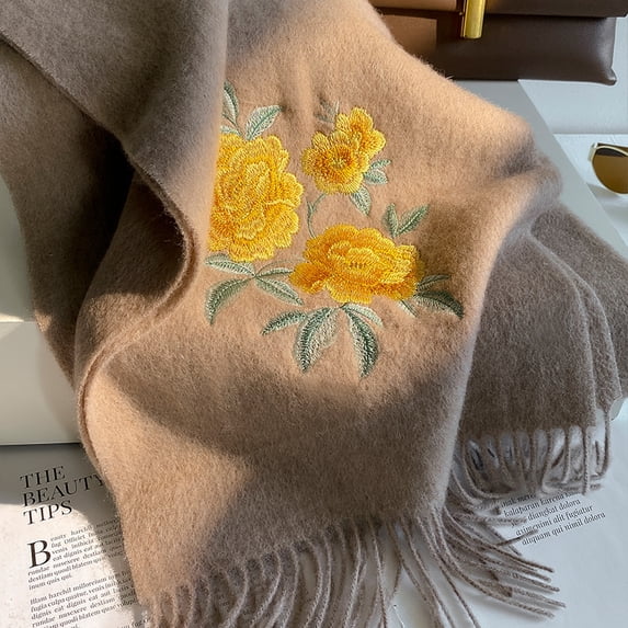 Peony Embroidered 100% Wool Scarf, 180x30cm, Luxury Winter Wrap & Gift,180*30cm,3
