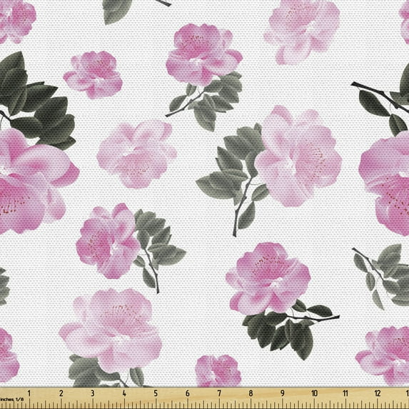 Ambesonne Peony Fabric by the Yard Upholstery, Romantic Pinkish Flowers Art, 2 Yards, Pale Pink Charcoal Grey