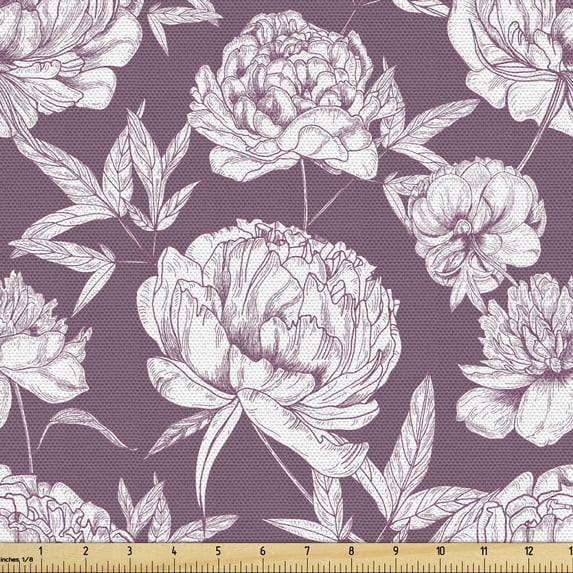 Peony Fabric by the Yard, Rhythmic Pattern of Flower Engraving Vintage Look Sketch Print, Decorative Upholstery Fabric for Chairs & Home Accents, 3 Yards, Mauve Taupe and White by Ambesonne