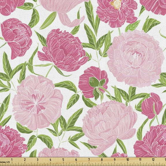 Ambesonne Peony Fabric by the Yard Upholstery, Simplistic Romantic Flowers, 2 Yards, Pink Lime Green