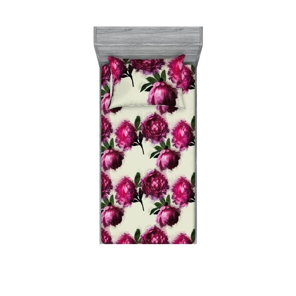 Peony Fitted Sheet & Pillow Sham Set, Asian Vibes Watercolor Floral with Leaves Greenery on Cream Boho Backdrop, Decorative Printed 2 Piece Bedding Decor, Twin, Forest Green Magenta, by Ambesonne