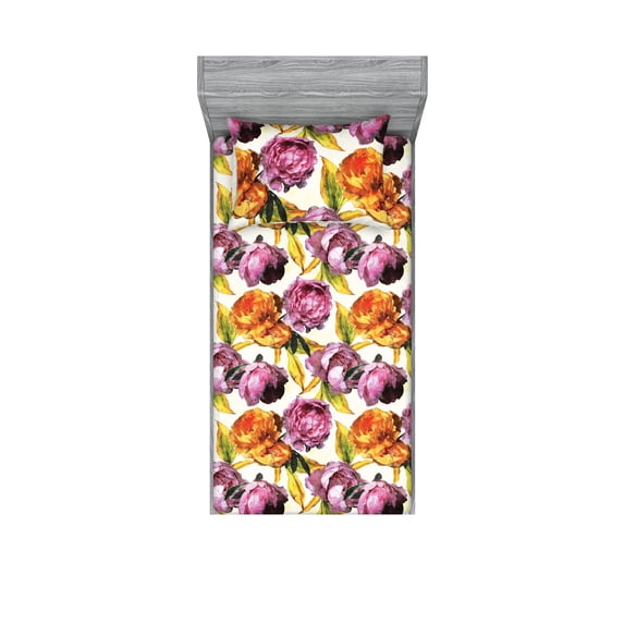 Peony Fitted Sheet & Pillow Sham Set, Blossoming Warm Vintage Flowers Summer and Spring Themed Garden Art Pattern, Decorative Printed 2 Piece Bedding Decor, Twin, Pink Orange Ivory, by Ambesonne