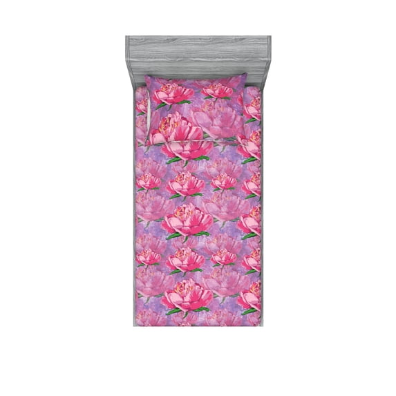 Peony Fitted Sheet & Pillow Sham Set, Botany Inspiration Flowers Vintage with Watercolor Petals Dreamy Back Art, Decorative Printed 2 Piece Bedding Decor, Twin, Hot Pink Green Fuchsia, by Ambesonne