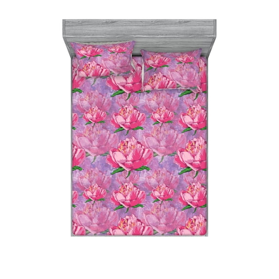 Peony Fitted Sheet & Pillow Sham Set, Botany Inspiration Flowers Vintage with Watercolor Petals Dreamy Back Art, Decorative Printed 3 Piece Bedding Decor, King, Hot Pink Green Fuchsia, by Ambesonne