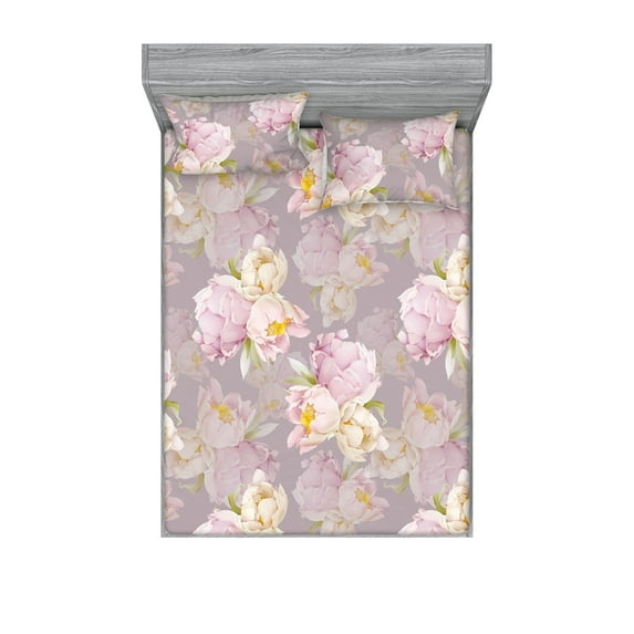 Peony Fitted Sheet & Pillow Sham Set, Delicate Floral Scene with Romantic Feels Cottagecore Inspirations Print Love, Decorative Printed 3 Piece Bedding Decor, Queen, Pale Lilac Mustard, by Ambesonne
