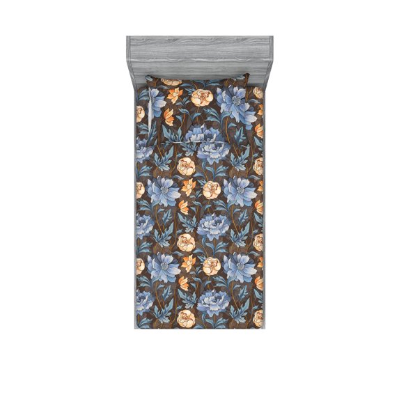 Peony Fitted Sheet & Pillow Sham Set, Dreamland Inspirations Blooming Flowers Boho and Leaves with Soft Colors Art, Decorative Printed 2 Piece Bedding Decor, Twinxl, Lavender Blue Peach, by Ambesonne