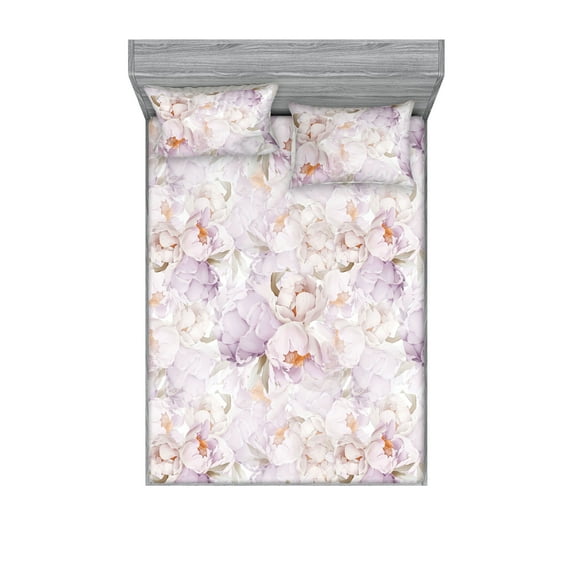 Peony Fitted Sheet & Pillow Sham Set, Gentle Petals of Innocent Love Garden Watercolor Effect Flowers, Decorative Printed 3 Piece Bedding Decor, Full, Pale Mauve and Persian Orange, by Ambesonne