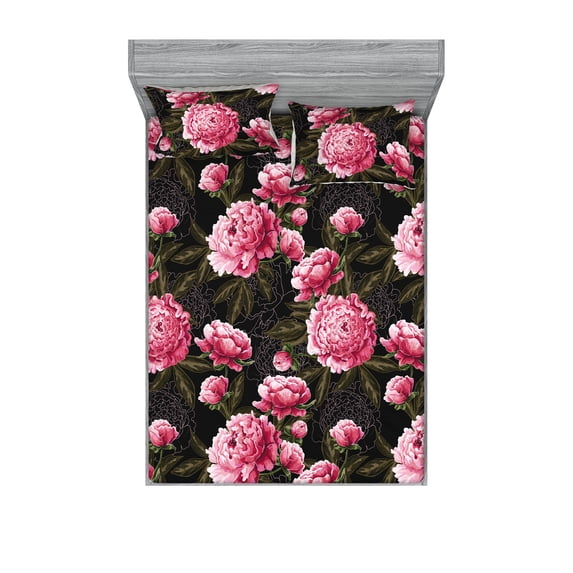 Peony Fitted Sheet & Pillow Sham Set, Pastel Colors Vintage Flowers Boho with Leafy Pattern and Outlines Print, Decorative Printed 3 Piece Bedding Decor, Full, Hot Pink Olive Green, by Ambesonne