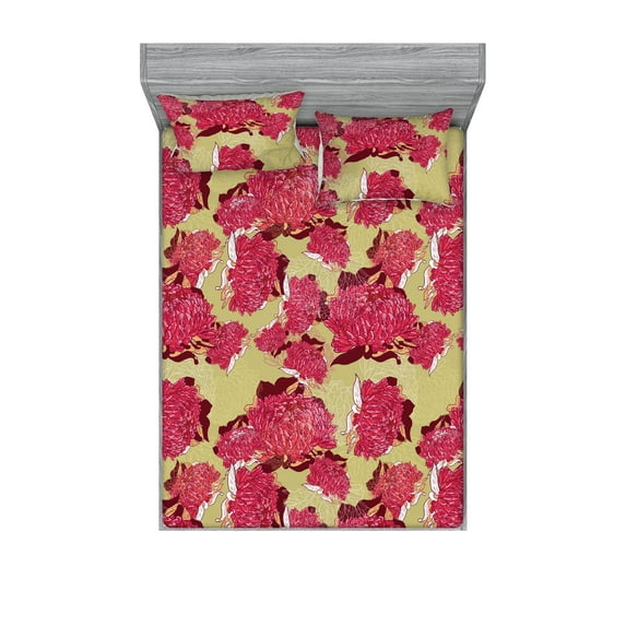 Peony Fitted Sheet & Pillow Sham Set, Tropical Inspirations Botany Silhouettes of Flowers Boho Autumn Print, Decorative Printed 3 Piece Bedding Decor, Full, Dark Coral and Apple Green, by Ambesonne
