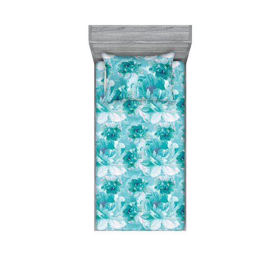 Peony Fitted Sheet & Pillow Sham Set, Watercolor Design Floral Pattern with Nautical Colors with Delicate Petals, Decorative Printed 2 Piece Bedding Decor, Twin, Dark Seafoam Seafoam, by Ambesonne