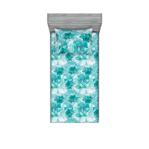Peony Fitted Sheet & Pillow Sham Set, Watercolor Design Floral Pattern with Nautical Colors with Delicate Petals, Decorative Printed 2 Piece Bedding Decor, Twinxl, Dark Seafoam Seafoam, by Ambesonne