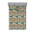 thumbnail image 1 of Peony Fitted Sheet & Pillow Sham Set, Watercolor Design Grunge Feels Floral Pattern with Innocent Petals Print, Decorative Printed 3 Piece Bedding Decor, Calking, Amber Teal Cadet Blue, by Ambesonne, 1 of 2