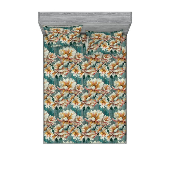 Peony Fitted Sheet & Pillow Sham Set, Watercolor Design Grunge Feels Floral Pattern with Innocent Petals Print, Decorative Printed 3 Piece Bedding Decor, Calking, Amber Teal Cadet Blue, by Ambesonne