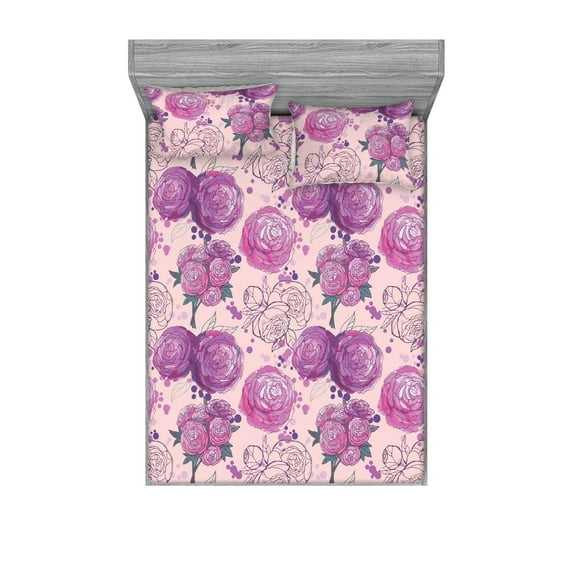 Peony Fitted Sheet & Pillow Sham Set, Watercolor Drawn Romantic Flower Bouquet with Soft Color Petals Artwork, Decorative Printed 3 Piece Bedding Decor, Calking, Pale Fuchsia Soft Pink, by Ambesonne