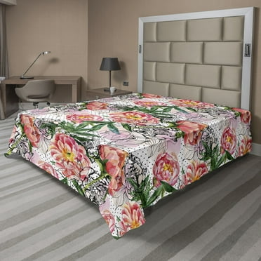 Peony Flat Sheet, Floral Vintage Design Watercolor Style Drawn Artwork on Polka Dots Back, Soft & Comfy Top Sheet Decorative Bedding 1 Piece, California King, Forest Green Dark Coral, by Ambesonne