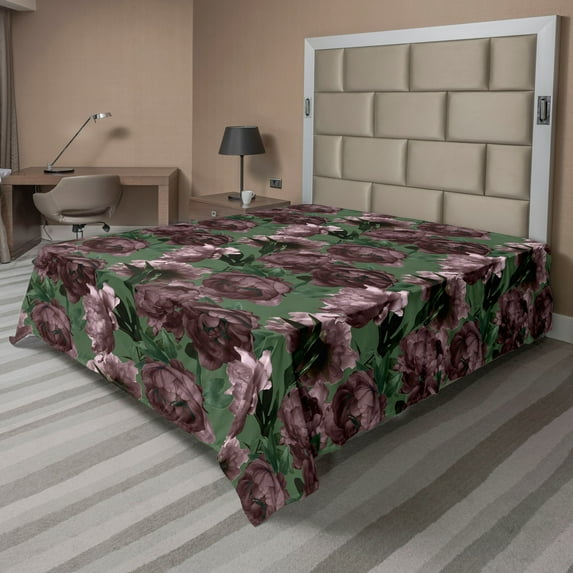Ambesonne Peony Flat Bedding Sheet Soft Top Sheet, Nostalgic Flowers Garden Art, King, Fern Green and Mauve Taupe