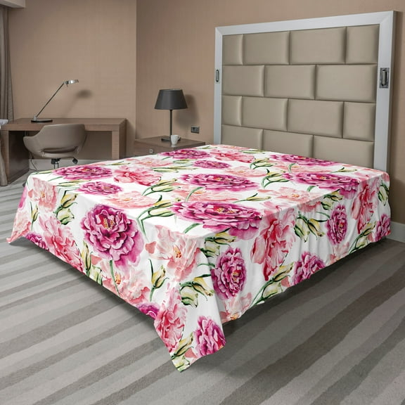 Ambesonne Peony Flat Bedding Sheet Soft Top Sheet, Springtime Flowers Boho Art, Full, Pale Fuchsia Fern Green
