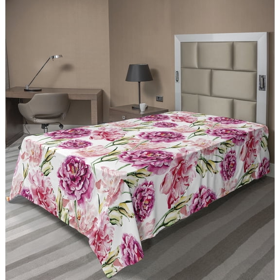 Ambesonne Peony Flat Bedding Sheet Soft Top Sheet, Springtime Flowers Boho Art, Twin, Pale Fuchsia Fern Green