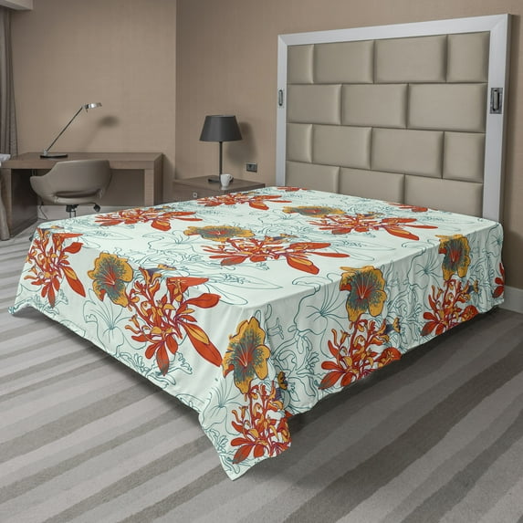 Ambesonne Peony Flat Bedding Sheet Soft Top Sheet, Tropical Petals with Flowers, Queen, Marigold Vermilion Teal