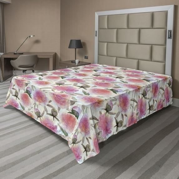 Ambesonne Peony Flat Bedding Sheet Soft Top Sheet, Garden Pastel Spring Floral, Queen, Pink and Slate Brown