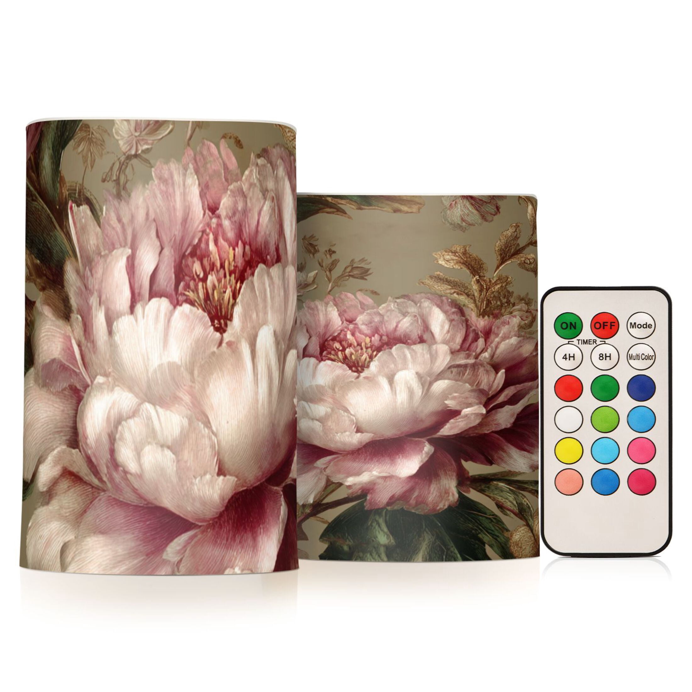 Peony Flickering Flameless Candles Battery Operated with Remote Timer LED Pillar Candles Set of 2