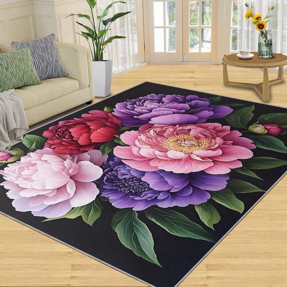 Peony Floral Area Rug, Rose Spring Flower Washable Rug, Non Slip Low Pile Carpet for Living Room Bedroom Home Decor 2x3ft