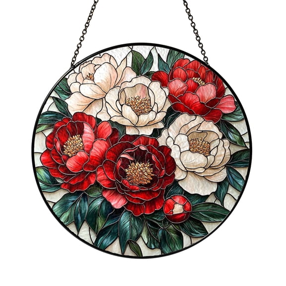 Peony Floral Ceramic Suncatcher – Stained Glass Style Window Decor
