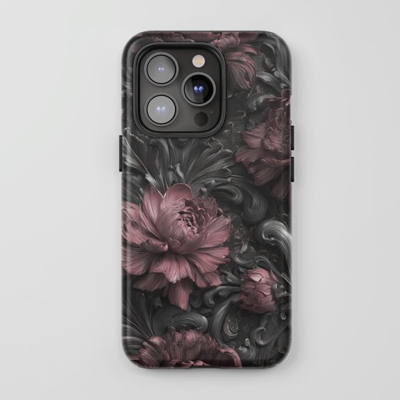 Peony Floral For iPhone Protective Phone Case Gothic Elegance Rose Pink Black