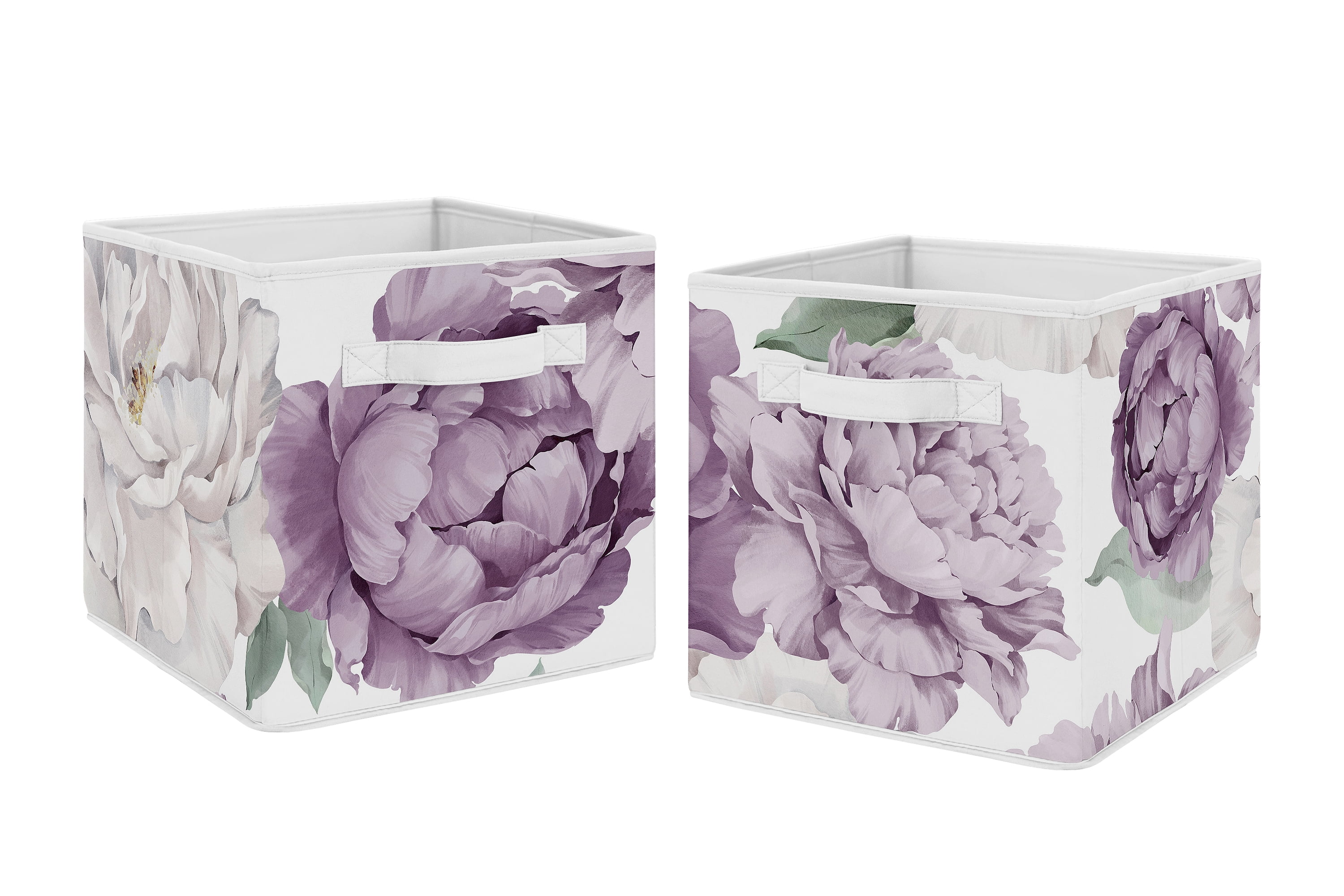Lavender and Ivory Floral Fabric Collapsible Storage Cubes, Set of 2