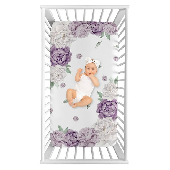 Sweet Jojo Designs Peony Floral Garden Purple Ivory Photo Op Fitted Crib Sheet