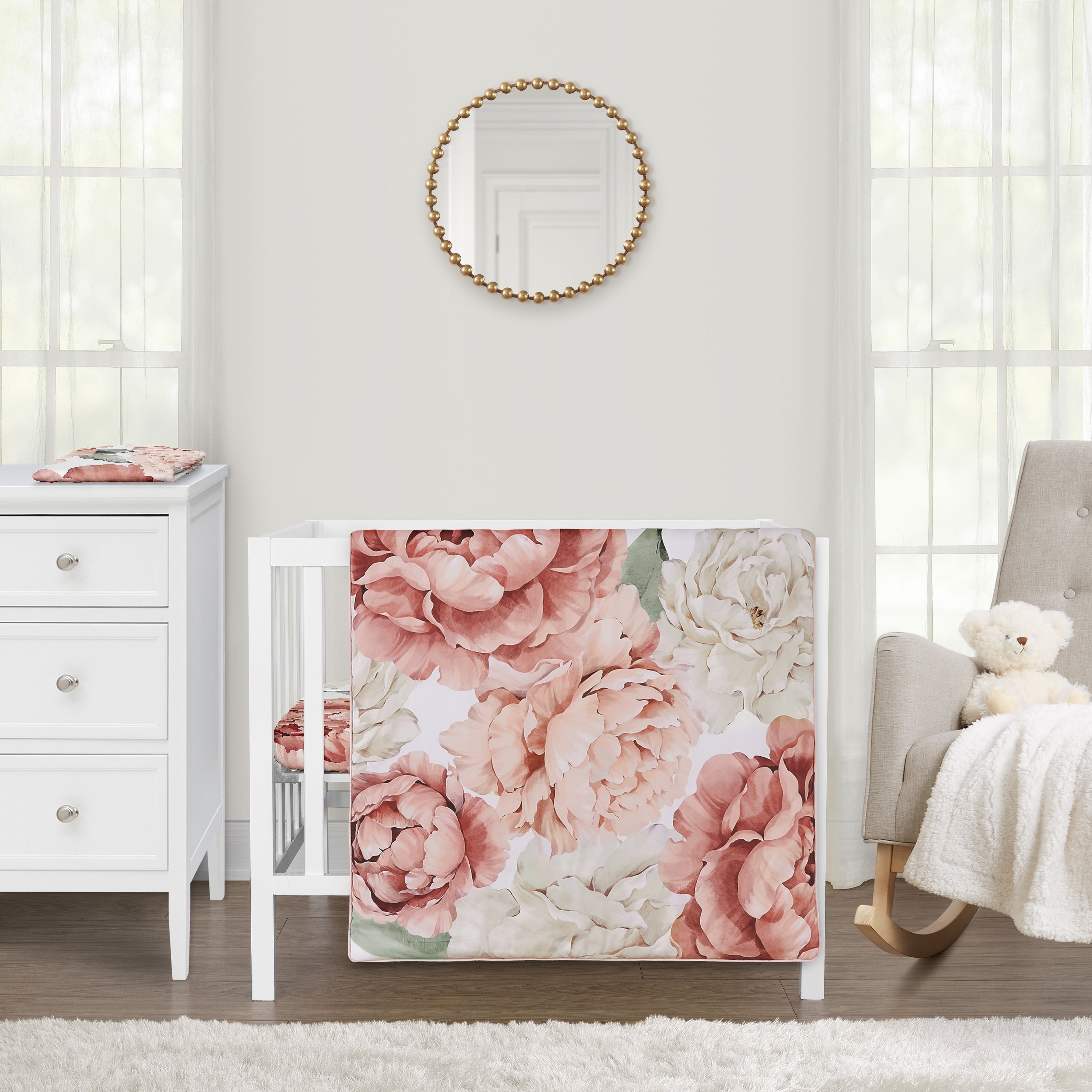 Sweet Jojo Designs Peony Floral Garden Pink and Ivory 3 Piece Mini Crib Bedding Set