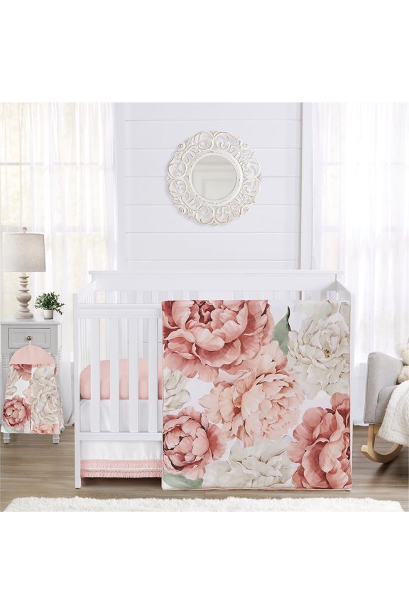 Peony Floral Garden Pink and Ivory 4 Piece Crib Bedding Set