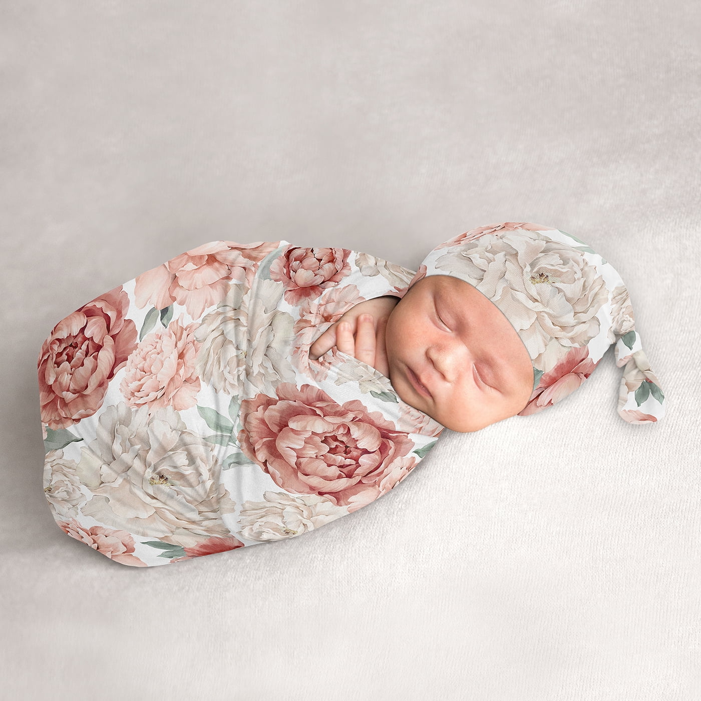 Peony Floral Garden Pink and Ivory Baby Cocoon and Beanie Hat Sleep Sack Set Girl by Sweet Jojo Designs