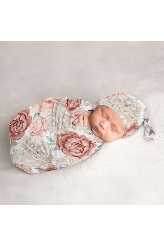 Peony Floral Garden Pink and Ivory Baby Cocoon and Beanie Hat Sleep Sack Set Girl by Sweet Jojo Designs