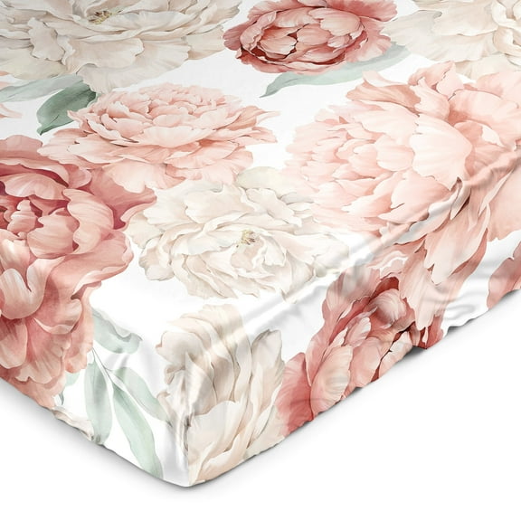 Sweet Jojo Designs Peony Floral Garden Blush Pink Off White Ivory Cream Satin Fitted Crib Sheet