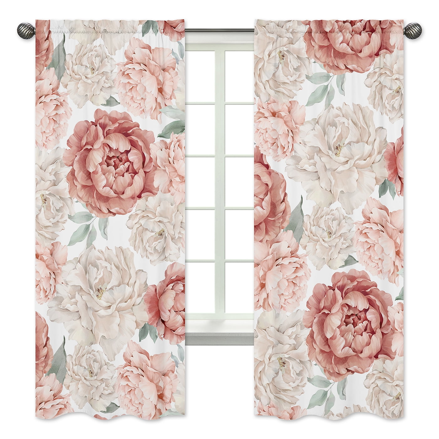 Ivory and Pink Floral Sheer Rod Pocket Curtain Panels for Kids