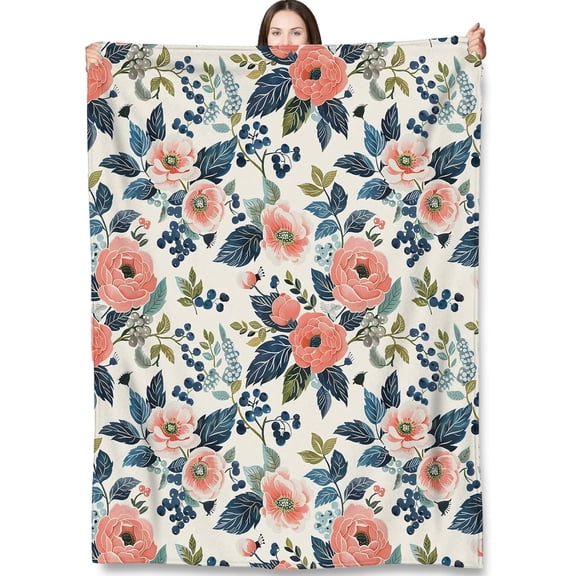 Peony Floral Throw Blanket Gifts for Adults Kids, Romantic Blooming Flowers and Leaves Blankets for Living Room Bedroom Decor, Fuzzy Warm Flannel Plush 40"x50"