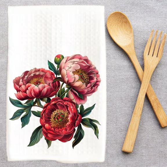 Peony Floral Waffle Weave Kitchen Dish Towel, 16x24 Inch, Red/Pink