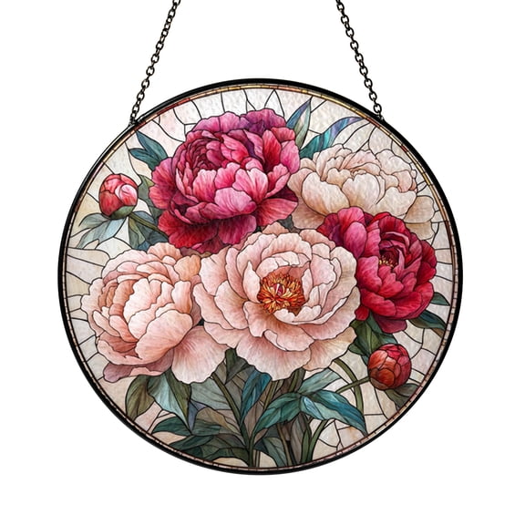 Peony Floral Window Panel, Faux Stained Glass Pink Bloom Decor for Nature Lovers and Home Accent