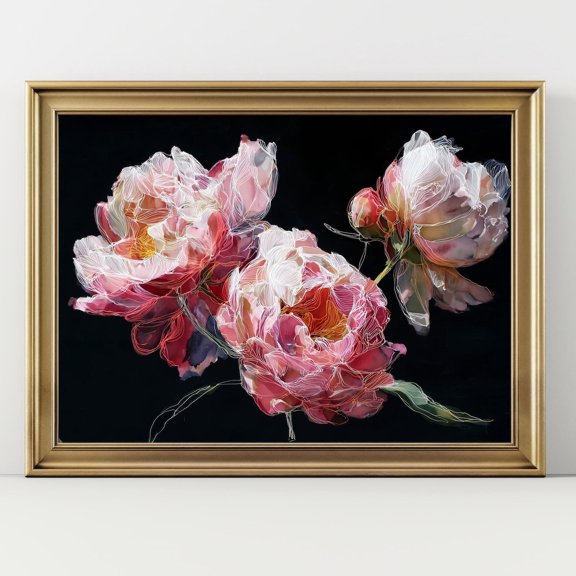 Peony Flower Art Pink Floral on Black Modern Botanical Wall Art Elegant Bloom Home Decor, UNFRAMED Size 16x16