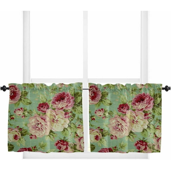 Peony Flower Curtain Tiers Valance, Abstract Floral Print Vintage Farmhouse Decoration Short Rod Pocket Window Treatment for Living Room, Bedroom, Kitchen, Bathroom, 2 Panel, 27.5" W x36 L