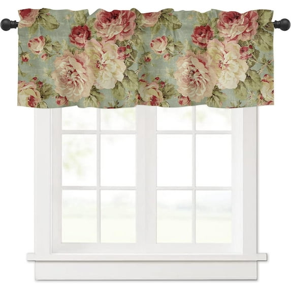Peony Flower Curtain Valance, Abstract Floral Print Vintage Farmhouse Decoration Short Rod Pocket Window Treatment for Living Room, Bedroom, Kitchen, Bathroom, 1 Panel, 54" W x 18" L